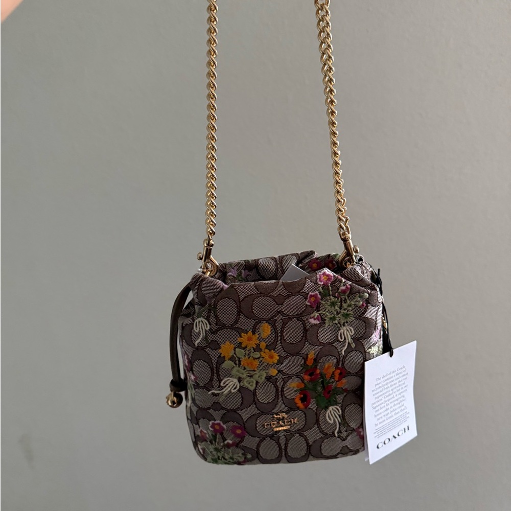 Coach Floral Signature Mini Chain Bucket Bag - Brown with Gold Chain - Picture 2 of 2